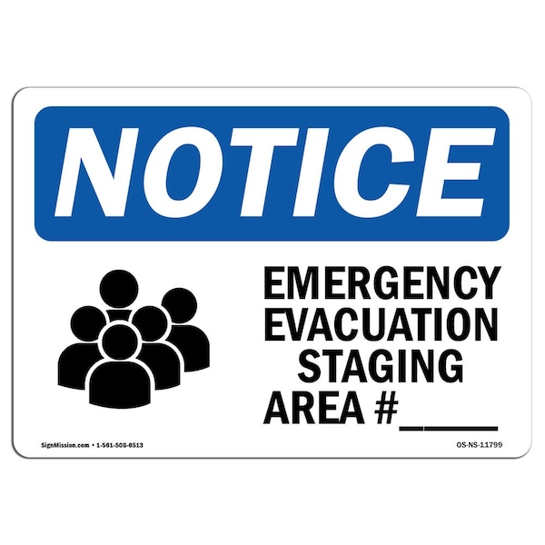 Safety Sign, OSHA Notice, 18" Height, Emergency Evacuation Staging Sign With Symbol, Landscape